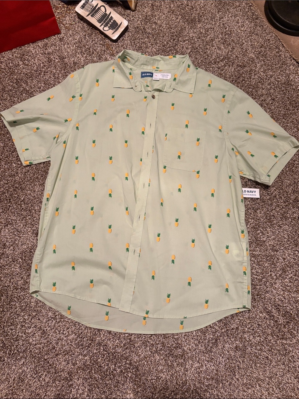 Old Navy Men’s Light Green Short Sleeve Pineapple Print Button-Down Shirt